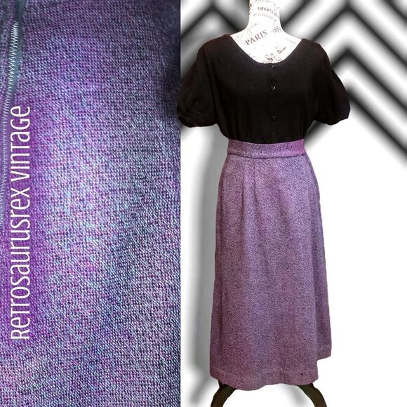 VINTAGE 1930’s Twee Pinup Purple & Blue Tweed Wool High Waist Midi Skirt, Small - Picture 2 of 5
